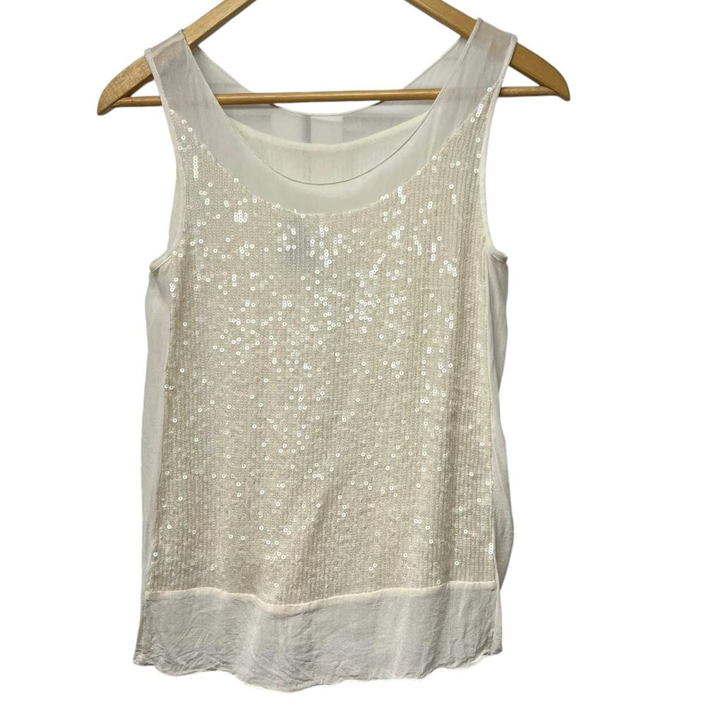 French Connection Chiffon Sequined Dressy Cream Off White Scoop Neck Tank Size 0